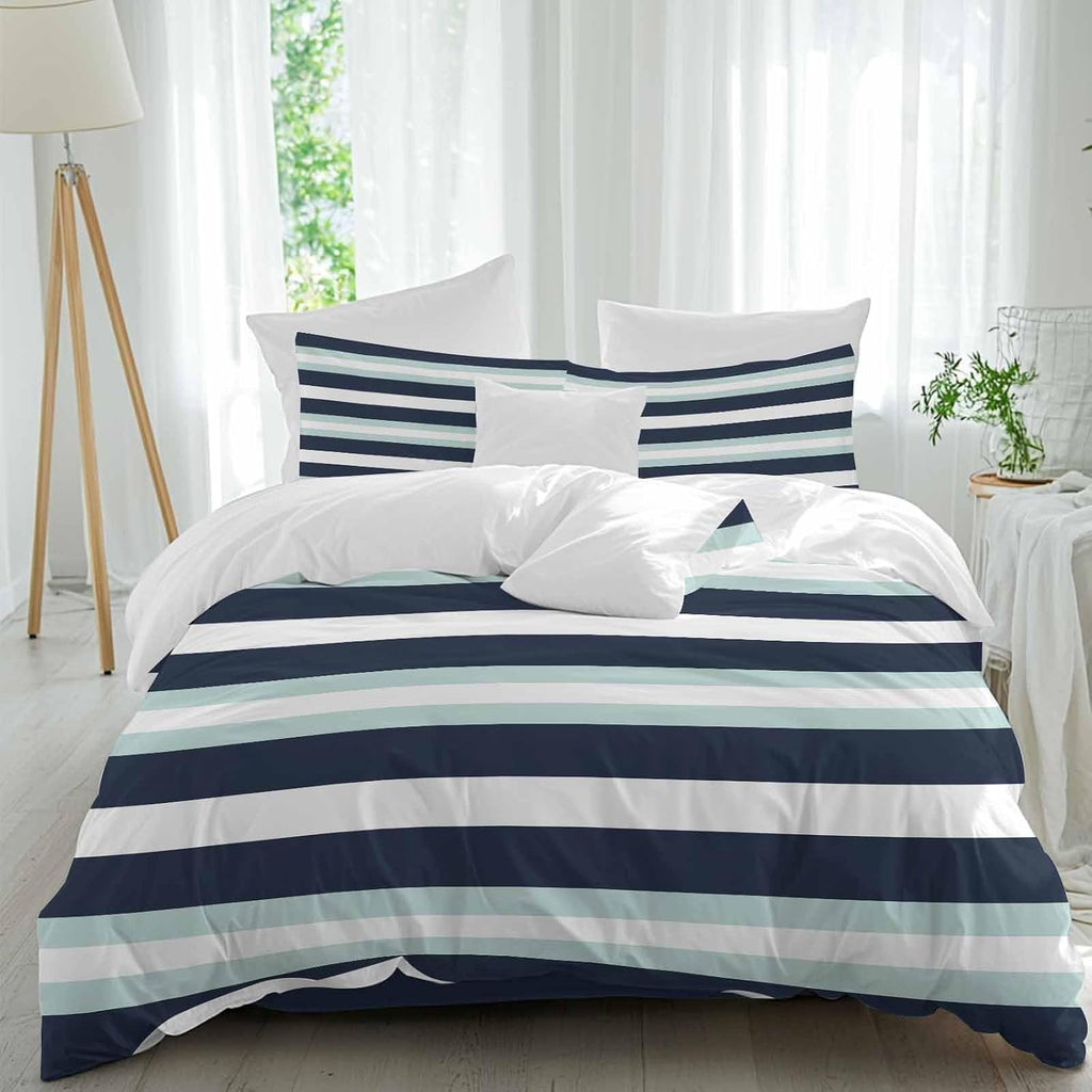Prime Leader Turquoise Navy Blue Stripe Duvet Cover Set Queen Size 4 Pieces Modern Abstract Minimalist Bedding Set with Zipper Closure, 1 Comforter Cover 92x106 Inches 1 Flat Sheet & 2 Pillow Cases
