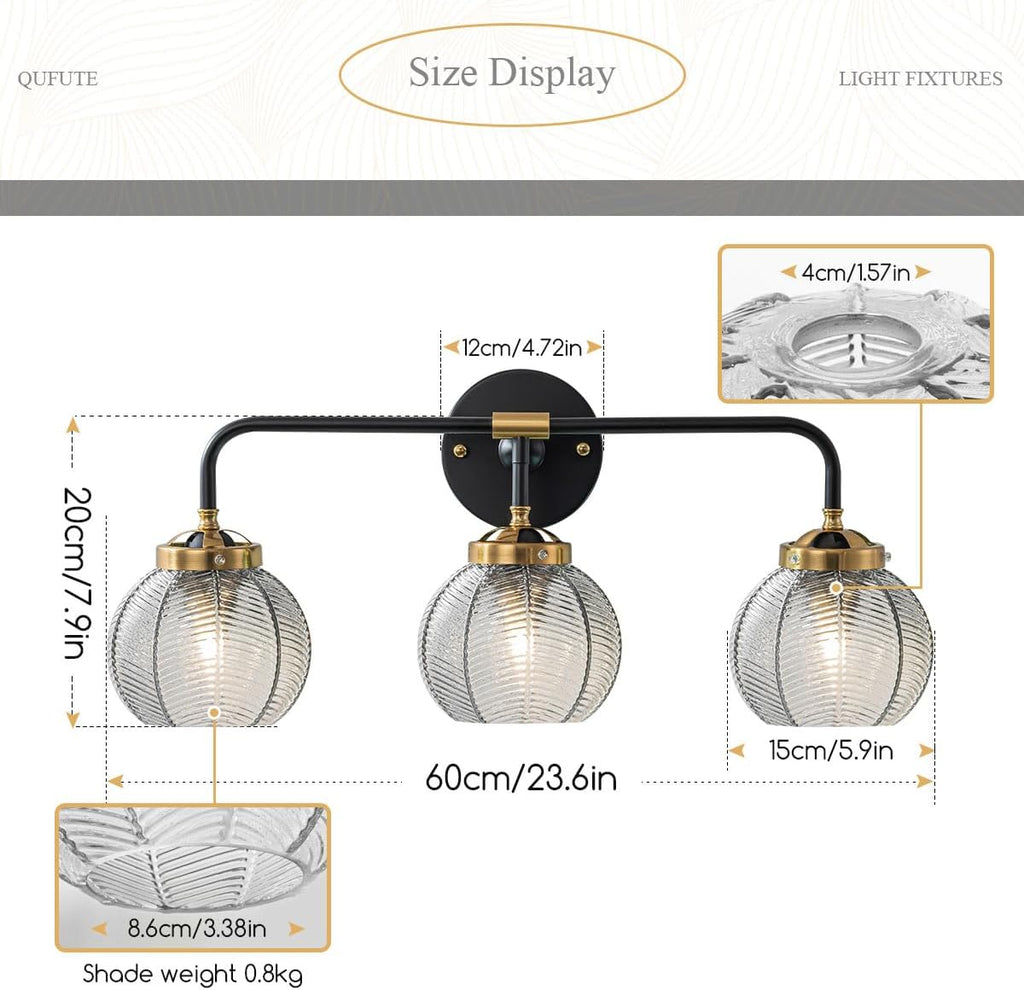Black Bathroom Light Fixtures 3-Lights Vintage Vanity Wall Sconce Over Mirror with Ribbed Smoky Gray Globe Shade Mid Century Modern Lights Fixture Art Deco Farmhouse Vanity Lighting