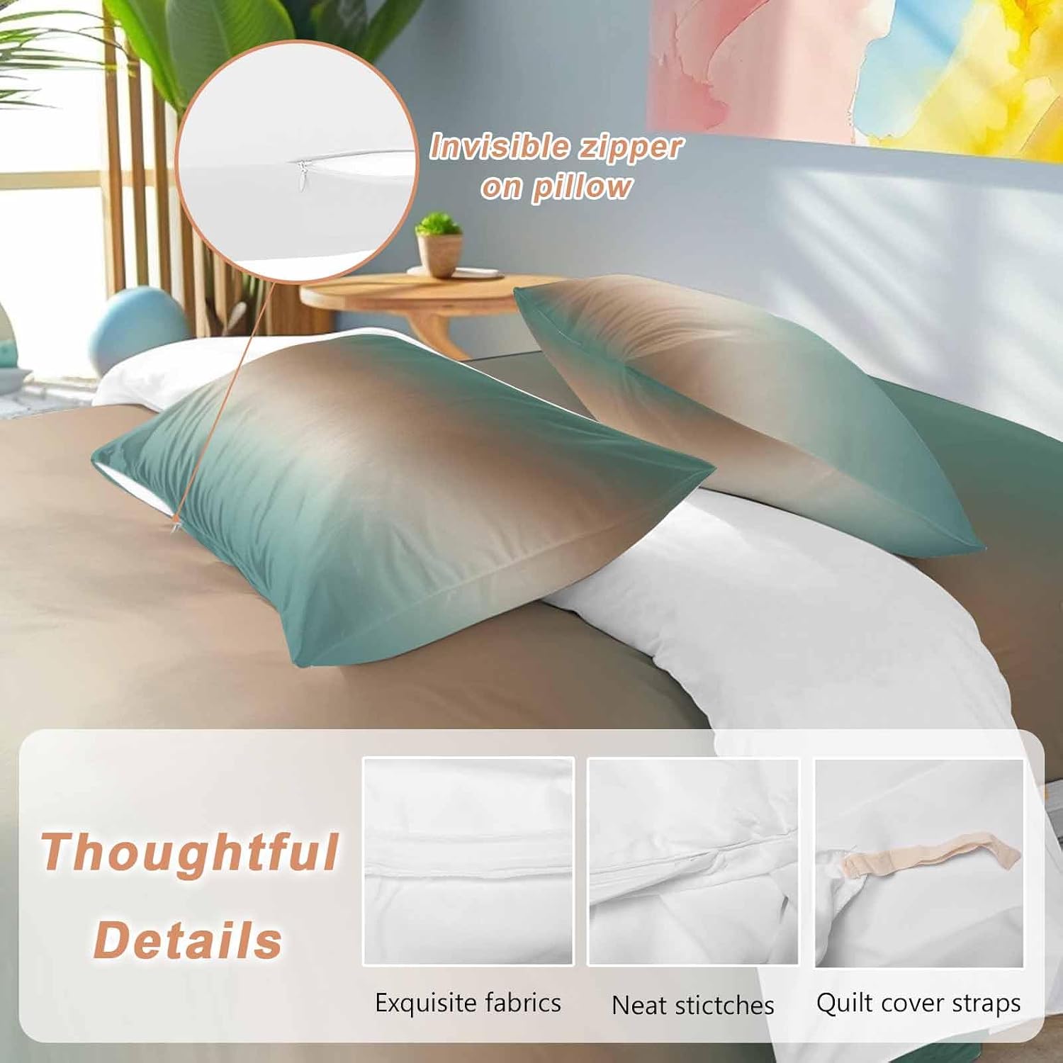Gradient Green Duvet Cover Set Queen Size 4 Pieces Modern Minimalist Green Brown Ocean Beach Bedding Set with Zipper Closure, 1 Comforter Cover 92x106 Inches 1 Flat Sheet & 2 Pillow Cases