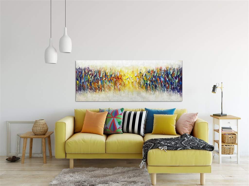 AMEI Art,24x60Inch Large Size Knife Painted Texture Art Yellow White Abstract Canvas Wall Art Colorful Modern Oil Paintings Framed Ready to Hang