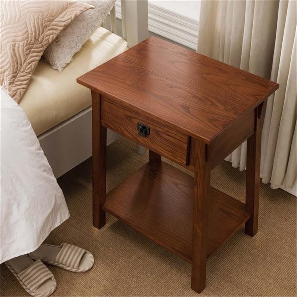 BOWERY HILL 1 Drawer Nightstand, 28' H x 22' W x 16' D, Solid Ash Wood, Russet Finish, Lower Display Shelf, Full Extension Drawer Guides, Compact Mission Style Bedroom Furniture