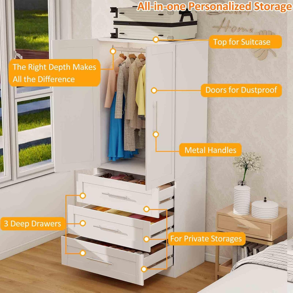 Armoire Wardrobe Closet with 3 Deep Drawers and Doors 71' Clothing Storage Cabinet with Hanging Rod Wooden Wardrobe Cabinet for Bedroom, Large Capacity Storage White