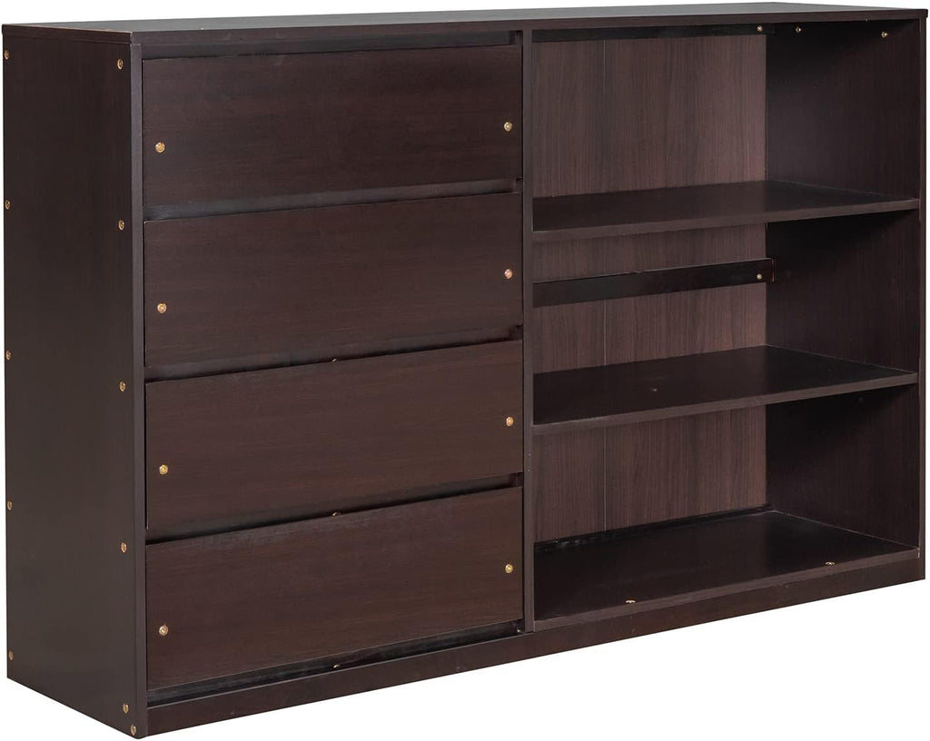 Full-Over-Full Size Bunk Bed, Bedroom Furniture Pine Wood Bed Frame with Storage Drawers and Open Shelves, Drawers and Shelves Set Can Be Moved, for Kids & Teens (Espresso)