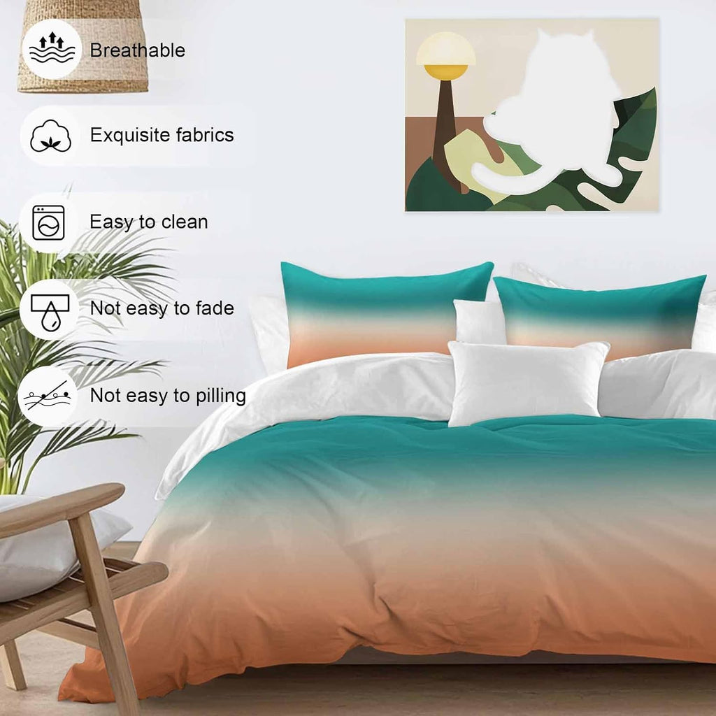 Gradient Green Duvet Cover Set Queen Size 4 Pieces Modern Minimalist Green Orange Ocean Beach Bedding Set with Zipper Closure, 1 Comforter Cover 86x86 Inches 1 Flat Sheet & 2 Pillow Cases