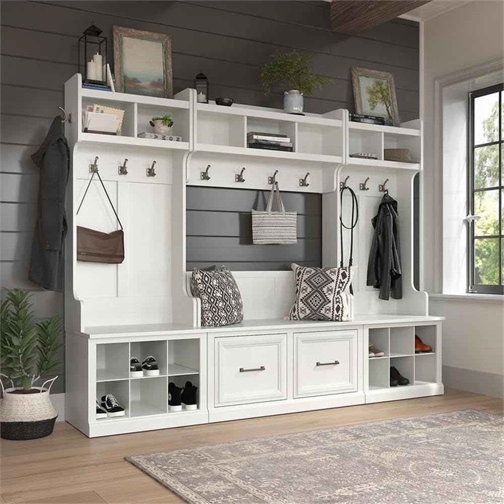 Bush Furniture Woodland Full Entryway Storage Set with Coat Rack and Shoe Bench with Doors | Mudroom Organizer for Footwear, Clothing, White Ash
