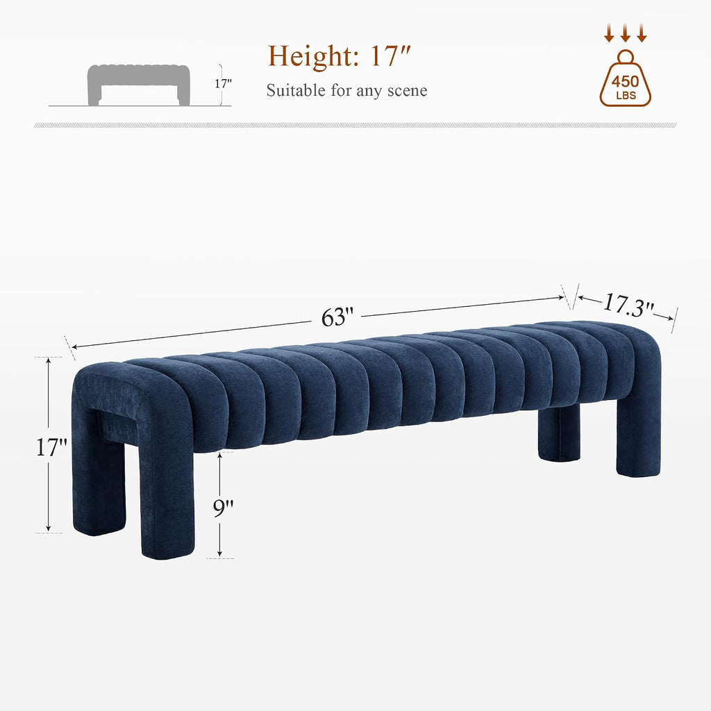 63'' Bedroom Bench, Upholstered End of Bed Bench with Solid Wood Legs, Modern Long Dining Bench with Full Covered Fabrics for Entryway, Bedroom, Living Room (Blue, Chenille)