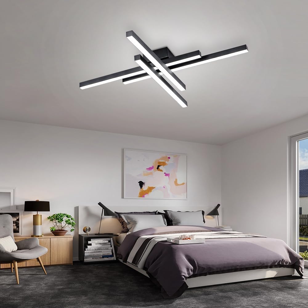 Modern LED Ceiling Lights 43.3' Black Flush Mount Ceiling Light Fixture Sputnik Dimmable Ceiling Lights with Remote Control for Bedroom Living Room Kitchen Room(4 Lights)