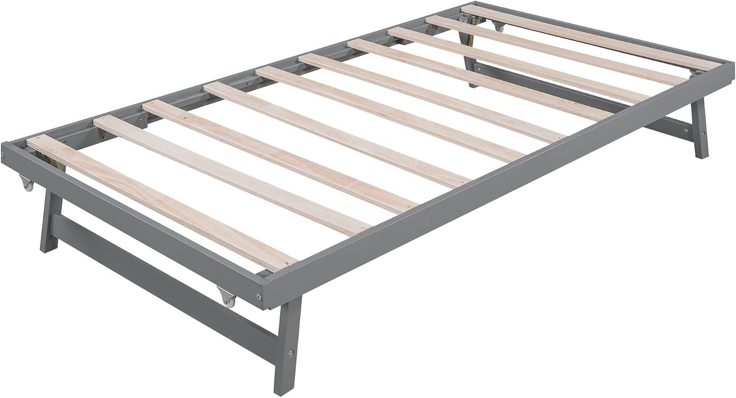 Merax Full Size Wooden Platform Bed with Headboard and Twin Size Adjustable Trundle for Kids, Gray Full Bed with Wood Slats Support for Kidsroom or Bedroom, No Box Spring Needed