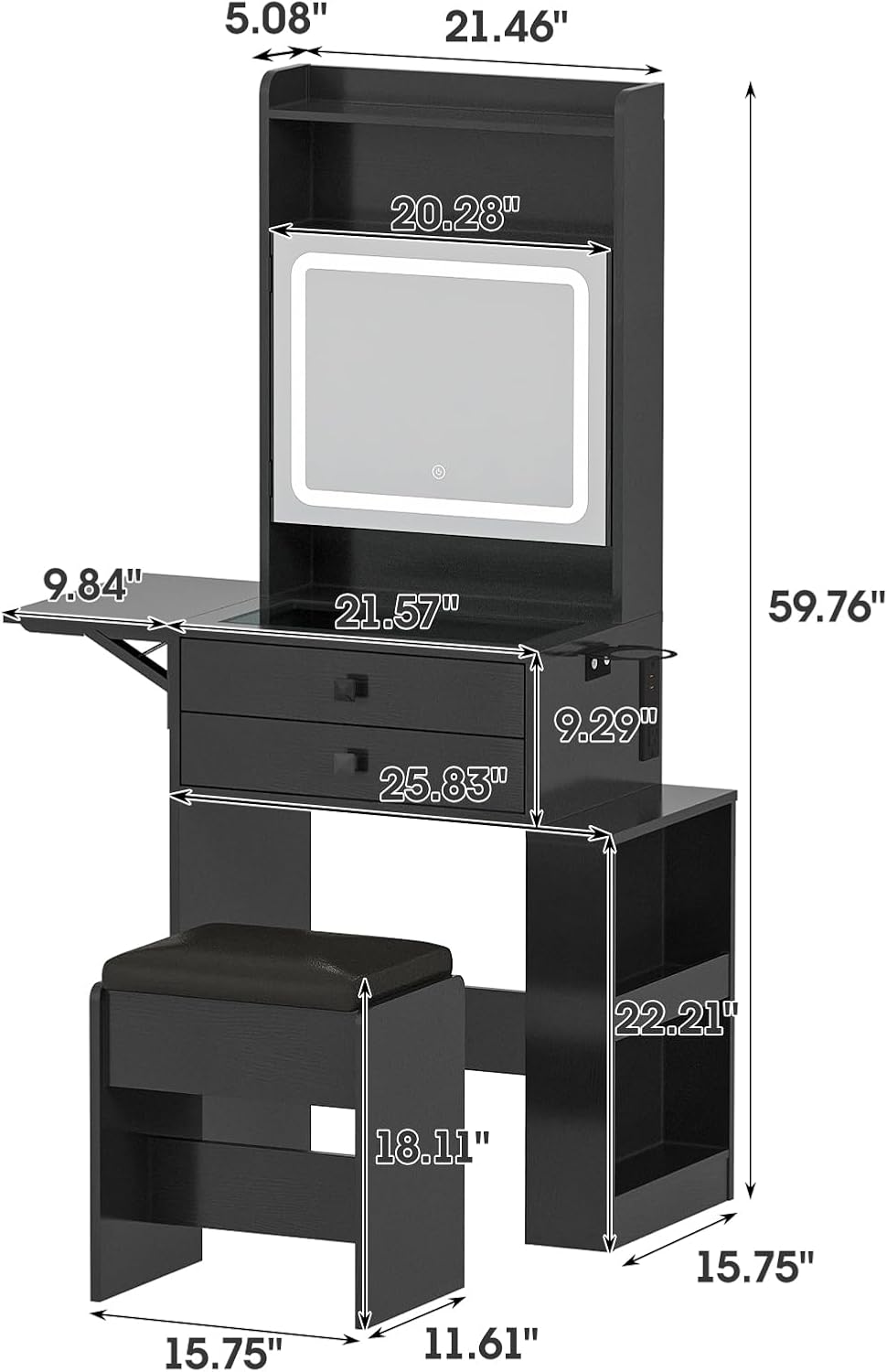 Vabches Small Makeup Vanity Desk, 3 Adjustable Lighted Mirror, White Vanity Set, Fold-up Panel, Charging Station, Glass Top, Drawers, Chair, 2 Hidden Storage Shelves (Black)