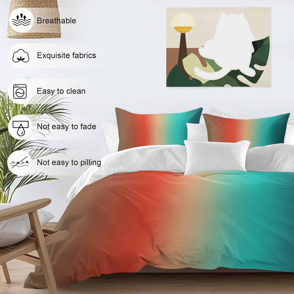 Gradient Blue Green Duvet Cover Set Queen Size 4 Pieces Modern Abstract Minimalist Orange Brown Ocean Beach Bedding Set with Zipper Closure,1 Comforter Cover 90x92 Inches 1 Flat Sheet & 2 Pillow Cases