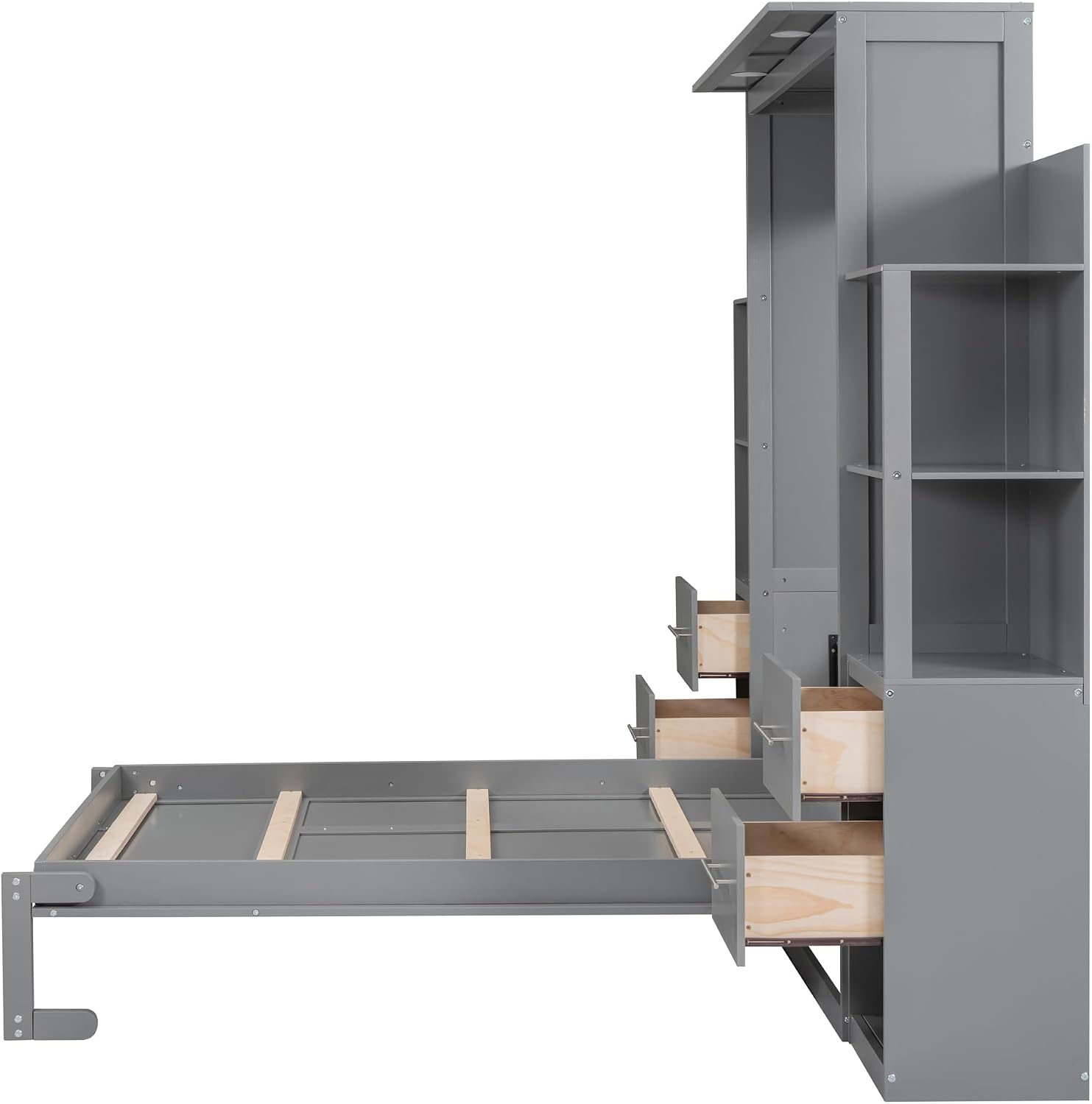 MERITLINE Full Murphy Bed with Storage Drawers,LED Lights and Storage Bookcase Shelves,Wood Murphy Wall Bed Cabinet with LED for Adults