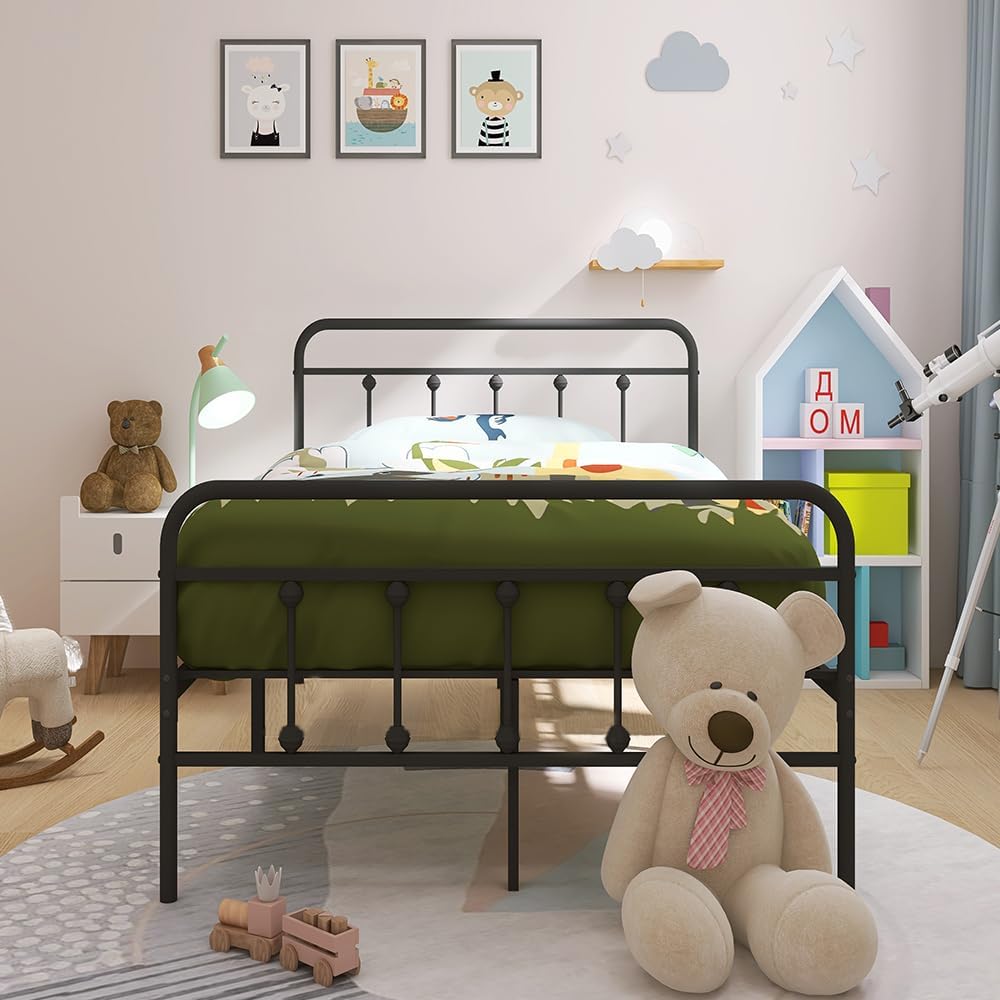Twin Size Metal Bed Frame with Vintage Headboard and Footboard, Premium Stable Steel Slat Support Mattress Foundation, No Box Spring Needed and Easy Assembly,Black(Twin).