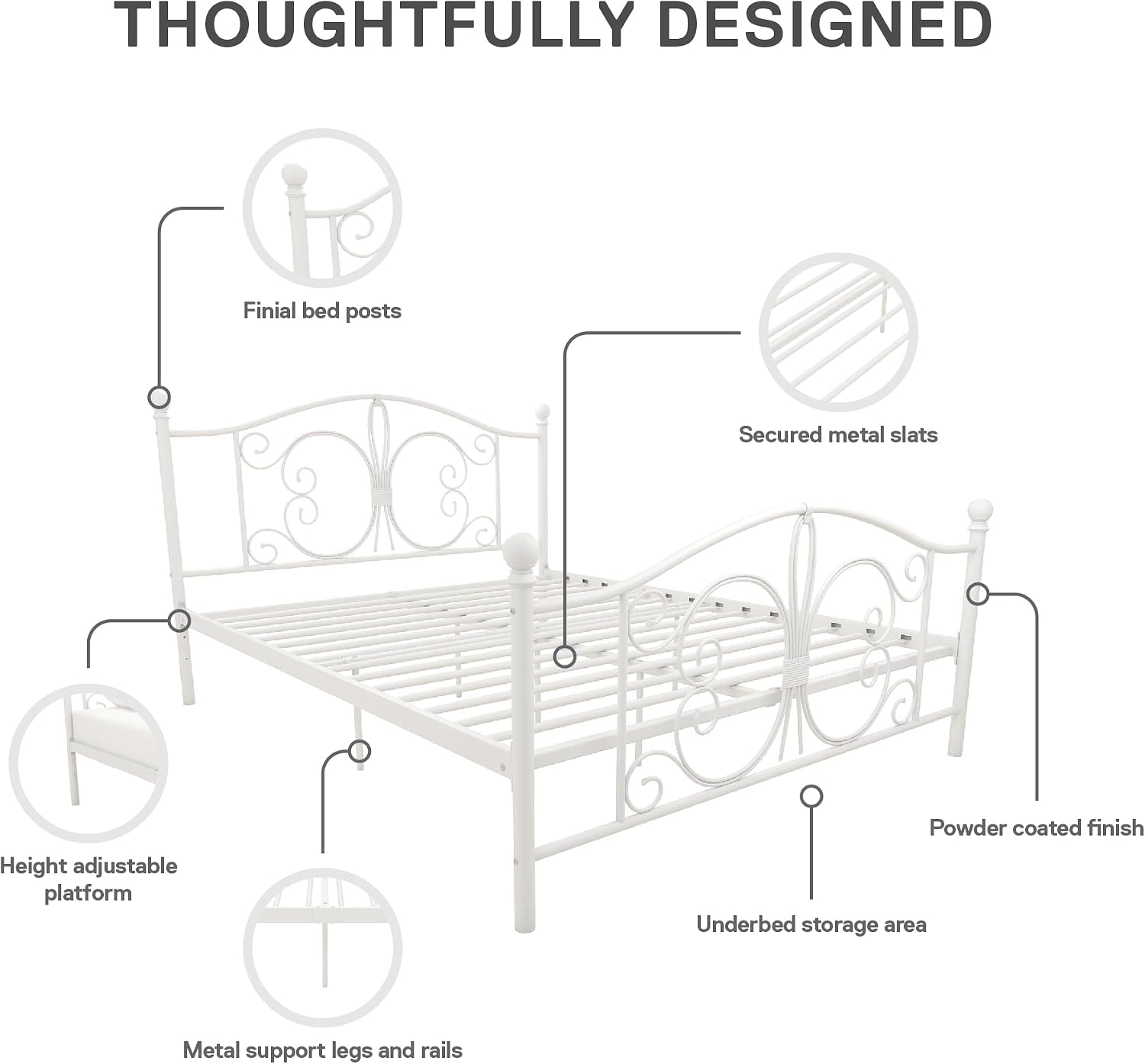 DHP Bombay Metal Platform Bed with Parisian Style Headboard and Footboard, Adjustable Base Height for Underbed Storage, No Box Spring Needed, Full, White