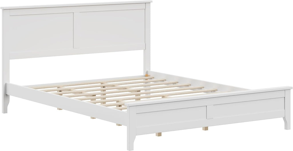 12 Inch Deluxe Queen Size Bed Frame with Headboard, Mid Century Retro Style White Wood Platform Beds Frames, No Box Spring Needed, 13 Strong Wooden Slat Support, Easy Assembly (White, Queen)