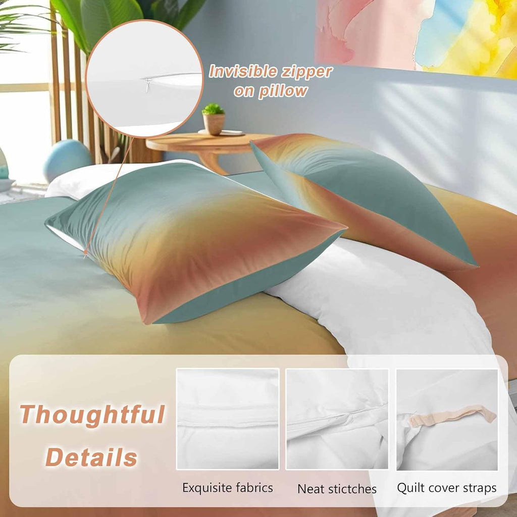 Gradient Blue Red Duvet Cover Set Queen Size 4 Pieces Modern Abstract Minimalist Yellow Orange Ocean Beach Bedding Set with Zipper Closure,1 Comforter Cover 92x106 Inches 1 Flat Sheet & 2 Pillow Cases