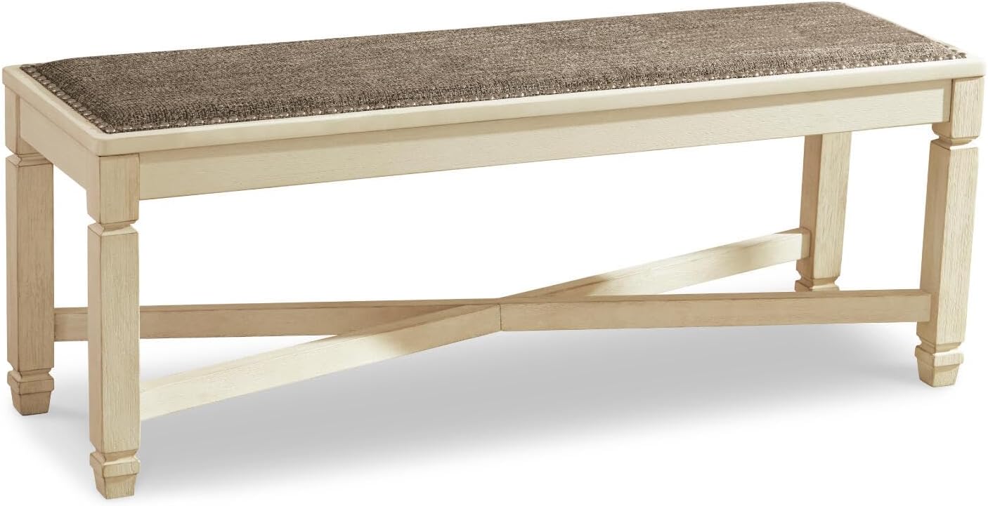 Signature Design by Ashley Bolanburg Casual French Country Upholstered Dining Room Bench with Nailhead Trim, Heavy Woven Fabric, Wood, Antique White & Tan