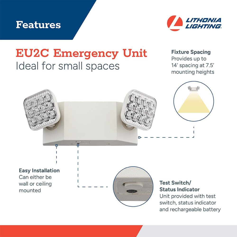 Lithonia Lighting Basics LED Emergency Light, Dual Adjustable Heads, Wall Mount, Damp Rated, 90-Min Backup, 120/277V, White, 4-Pack (EU2C CP4), Deal for stairways, hallways, and Egress Paths