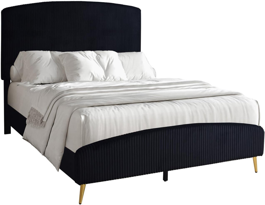 HomeStock Velvet Upholstered Panel Bed - Modern Black Bedroom Furniture Queen