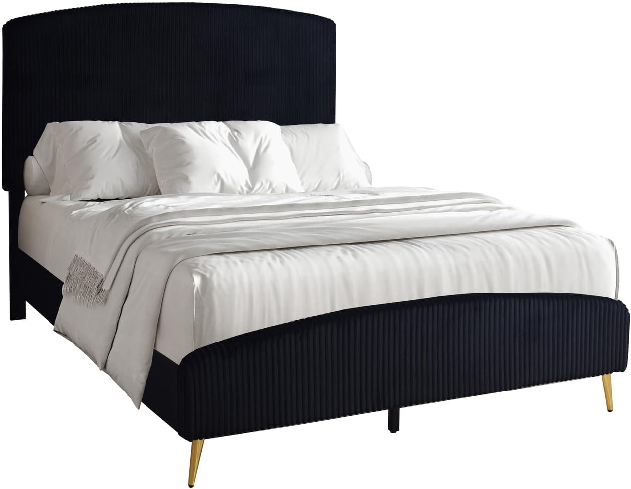 HomeStock Velvet Upholstered Panel Bed - Modern Black Bedroom Furniture Queen