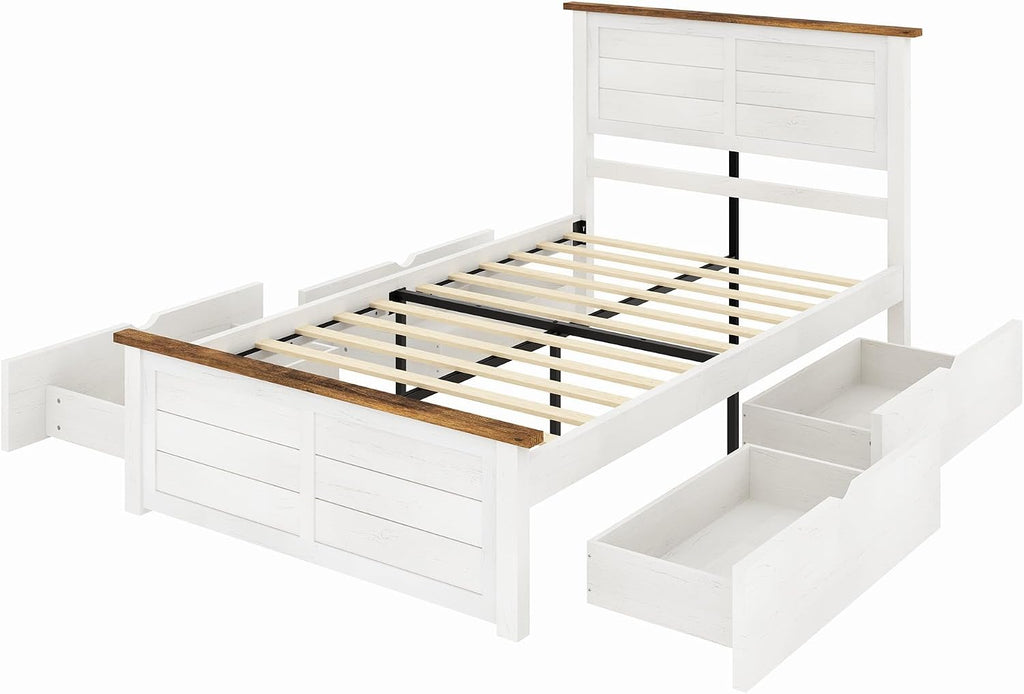 AMERLIFE Twin Bed Frame with Headboard, Platform Beds with 4 Storage Drawers, Wood Slats Support, Wood Bed Frame for Bedroom, White