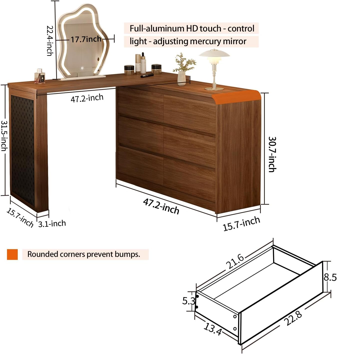 Messenya Makeup Vanity Desk with Cloud Shape Touch Screen Mirror, 50-94 in Adjustable Vanity Table Set, Bedroom Elegant Dressing Table for Women with 6 Drawer Rounded Corners Storage Cabinet, Brown