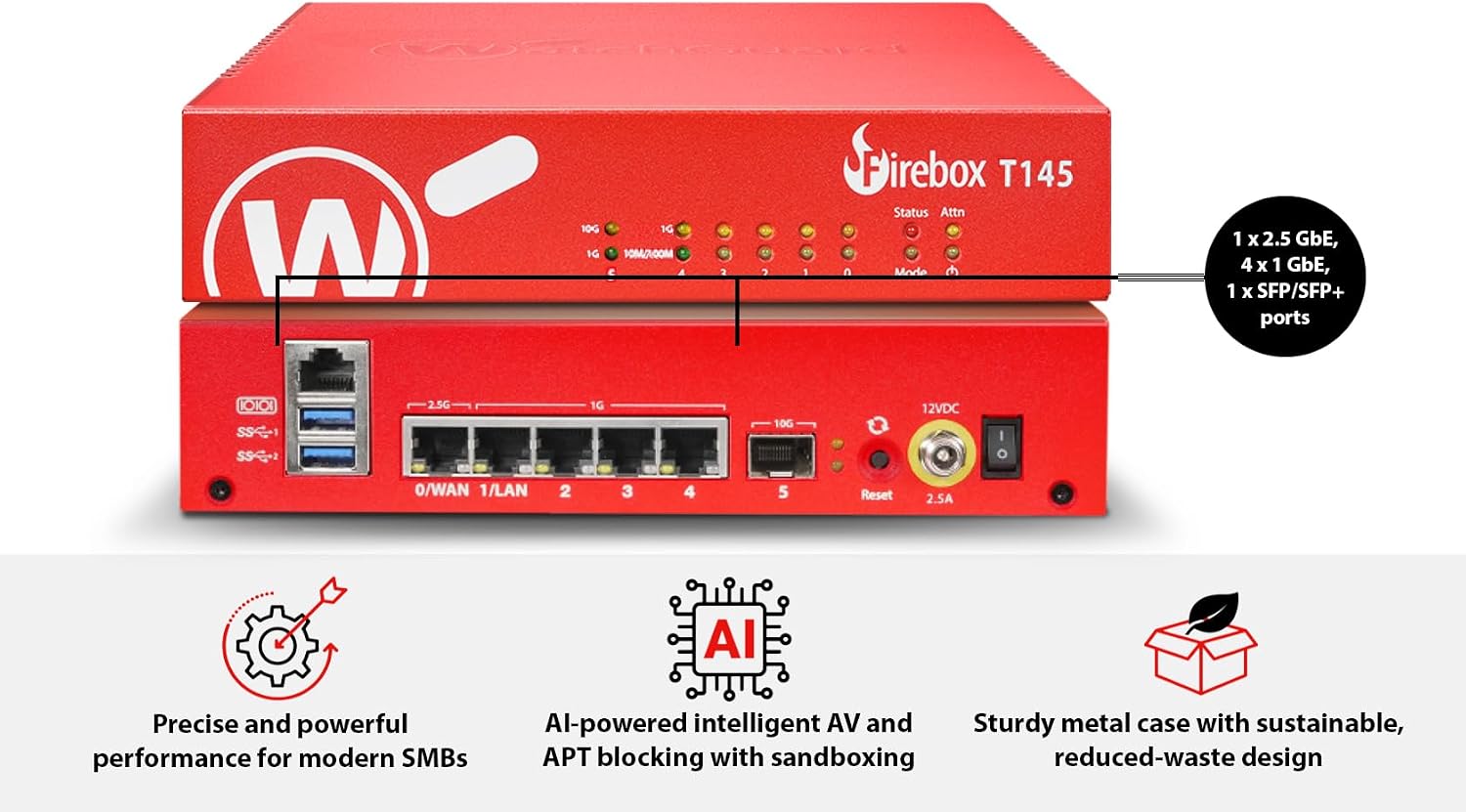WatchGuard Firebox T145-W with 1 Year Total Security Suite - Wi-Fi 7 Firewall, 2.5Gb, 1Gb & SFP Ports, Enterprise Security for Retail & Branch Locations (WGT146641)