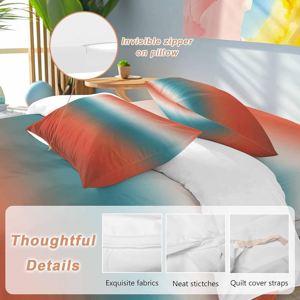 Bohemian Gradient Red Duvet Cover Set Queen Size 4 Pieces Modern Minimalist Red Blue Ocean Beach Bedding Set with Zipper Closure, 1 Comforter Cover 92x106 Inches 1 Flat Sheet & 2 Pillow Cases