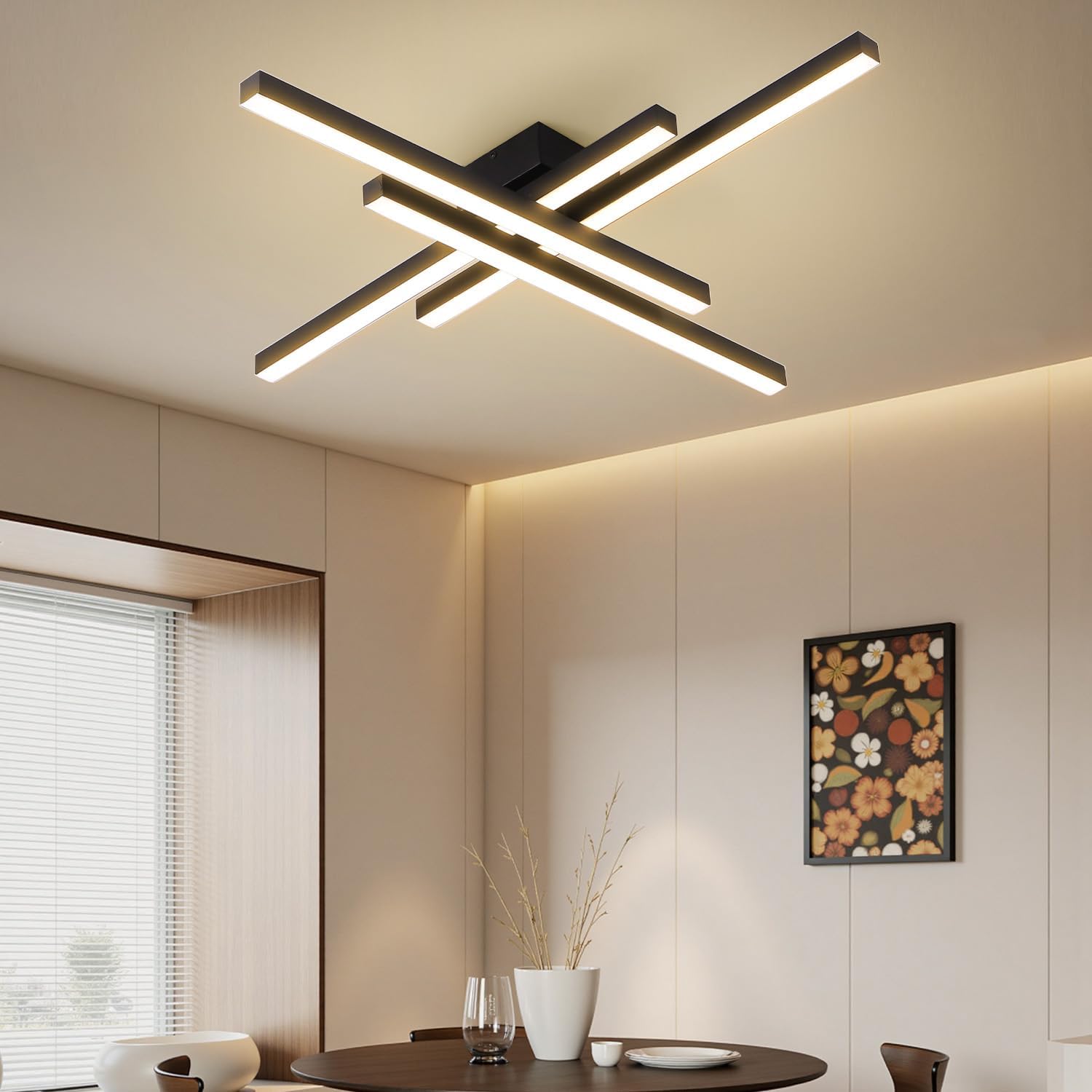 Modern LED Ceiling Lights 43.3' Black Flush Mount Ceiling Light Fixture Sputnik Dimmable Ceiling Lights with Remote Control for Bedroom Living Room Kitchen Room(4 Lights)