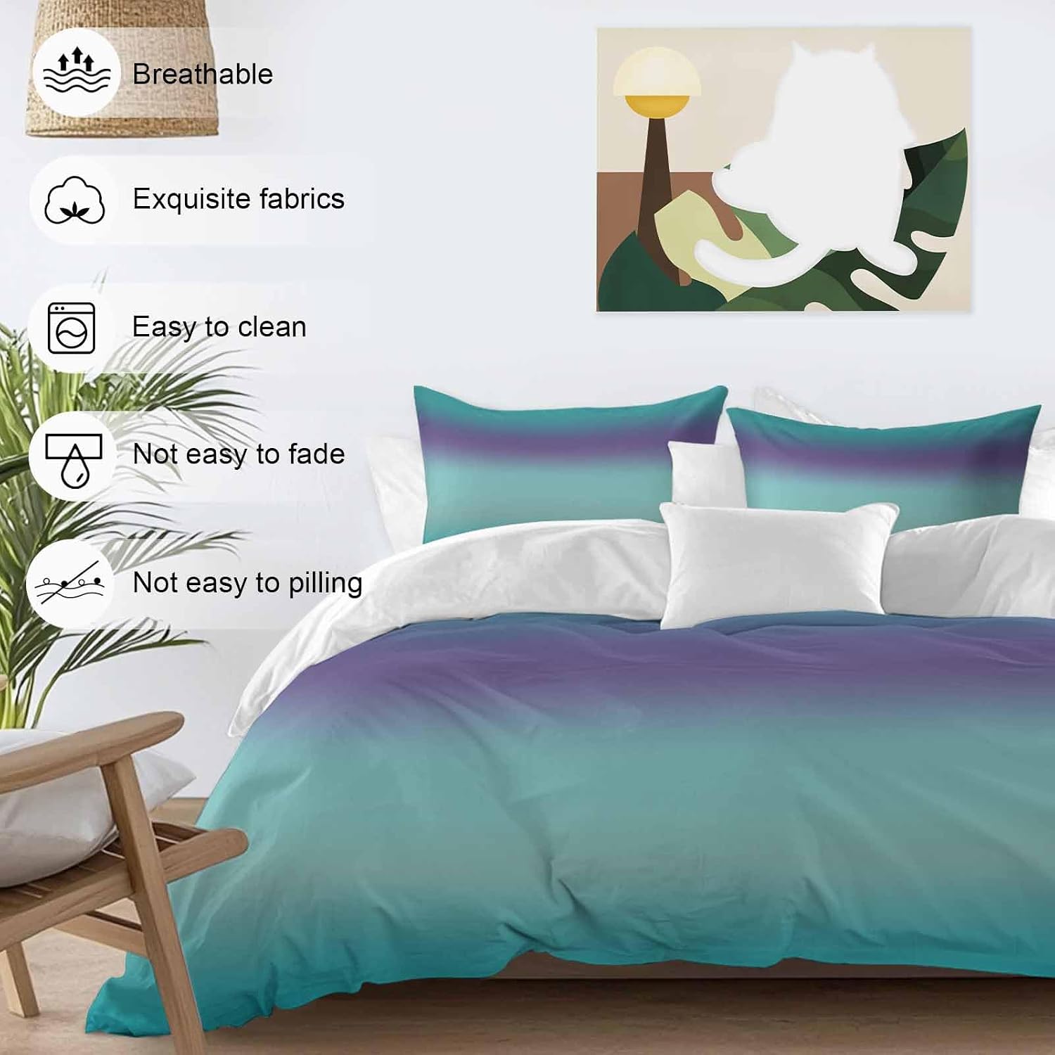 Gradient Green Duvet Cover Set Queen Size 4 Pieces Modern Minimalist Green Purple Ocean Beach Bedding Set with Zipper Closure, 1 Comforter Cover 90x92 Inches 1 Flat Sheet & 2 Pillow Cases