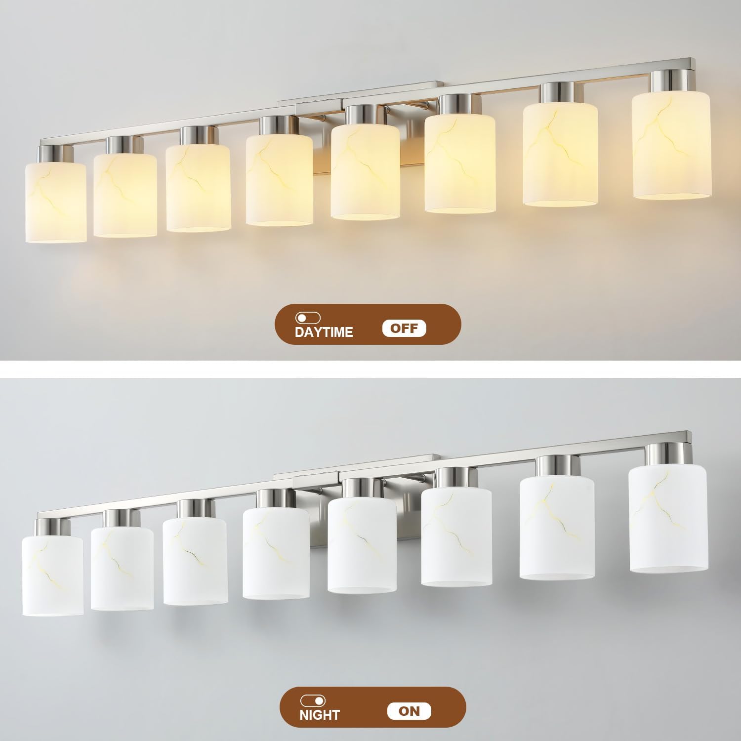8-Light Bathroom Light Fixtures, Modern Vanity Lights, Brushed Nickel Metal Wall Lamp with White Marble Glass for Bathroom, Mirror, Living Room, Bedroom, Cabinet, Porch, Hallway, E26 Base