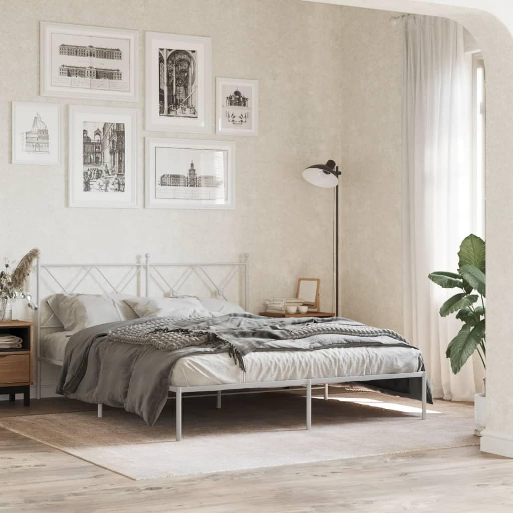 Metal Bed Frame with Headboard Queen Size White Steel Platform Bedframe No Mattress Needed Underbed Storage Space Sturdy Bed Base for Bedroom Furniture