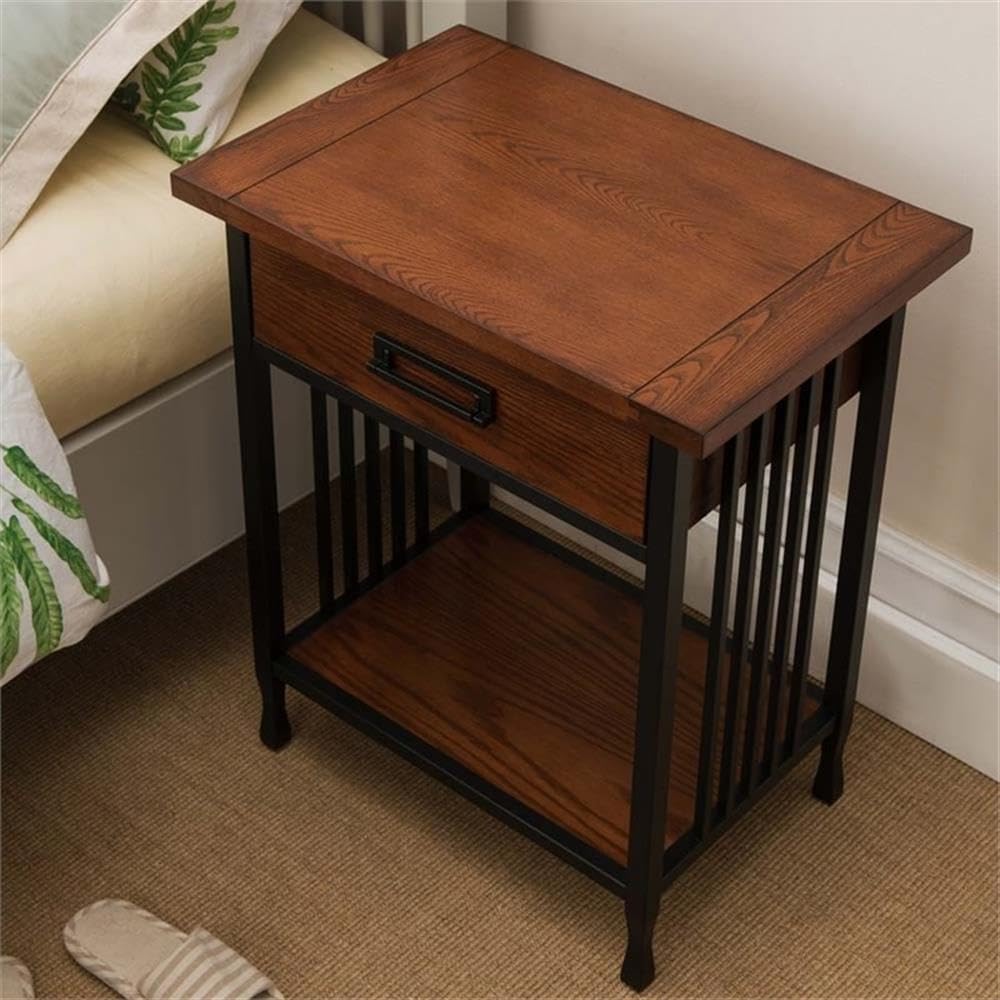 Bowery Hill 1 Drawer Nightstand, 28' H x 24' W x 16' D, Hardwood Solids and Oak Veneers, Mission Oak Finish, Blackened Metal Slats, Lower Display Shelf, Full Extension Drawer Guides, Bedroom Furniture