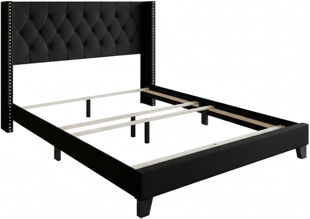 HOME DESIGN Homer Queen Tufted Wingback Upholstered Panel Bed with 2 Matching 1 Drawer Nightstands, Bedroom Furniture Set with Open Shelf Storage, Black Black