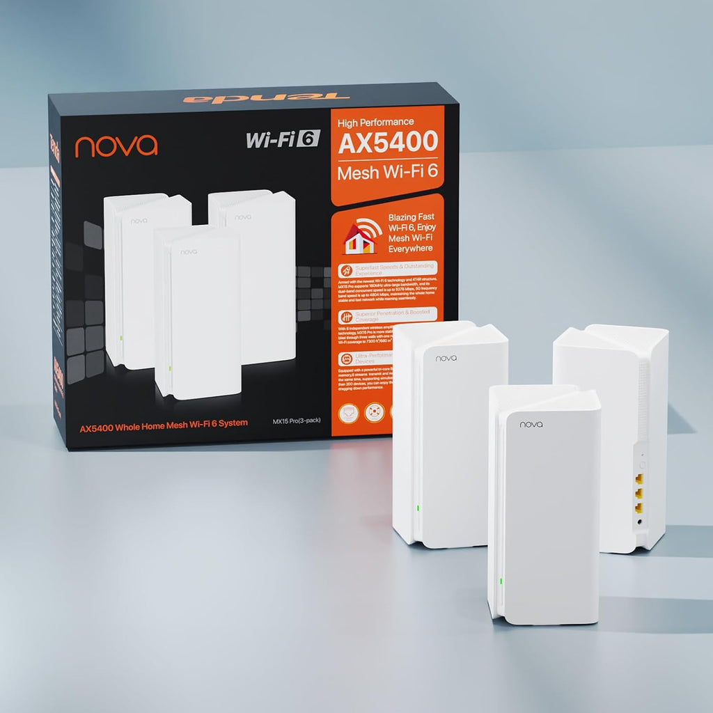 Tenda AX5400 Mesh WiFi 6 System Nova MX15 Pro - 6 * 3dBi Antennas up to 7300 sq.ft WiFi Coverage - Wi-Fi 6 Mesh for up to 200 Devices, 3*Gigabit Ports, Easy Setup, Amazon Alexa, 3-Pack