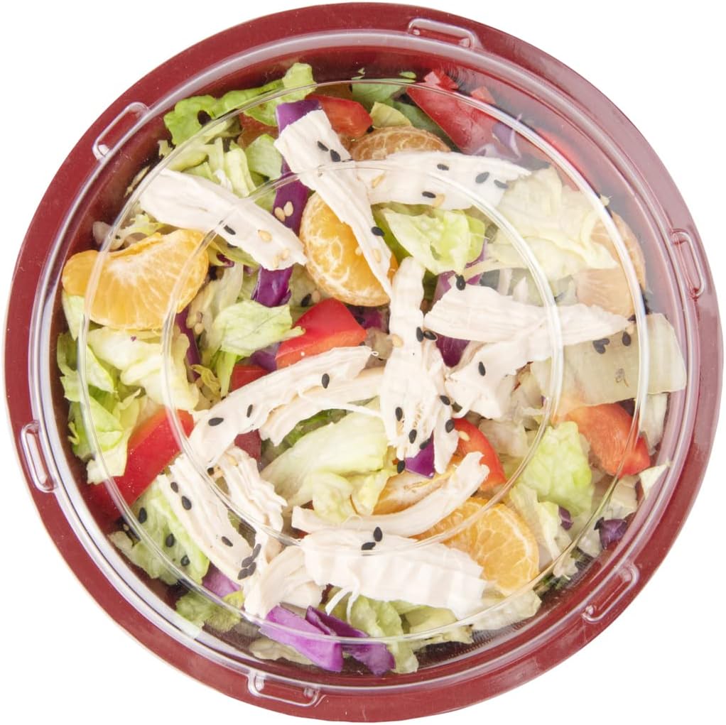 Restaurantware 18 Ounce Food Containers 200 Disposable Salad Bowls - Lids Included Microwavable Black And Red Plastic To Go Bowls Asian Inspired Perfect For Picnics Or Take Outs