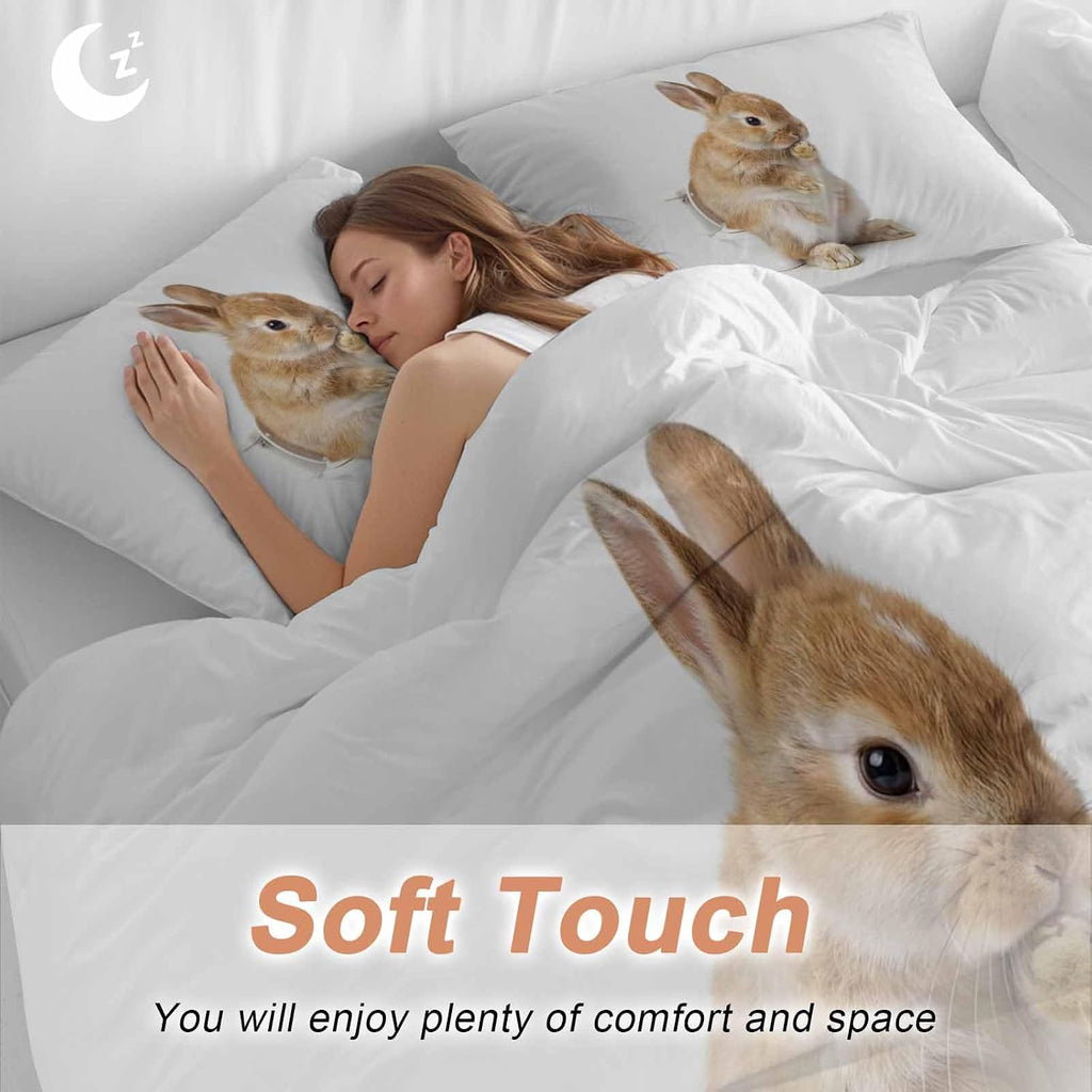 Rabbit Sitting on The Toilet Thinking Duvet Cover Set Queen Size 4 Pieces Abstract Funny Animal Bedding Set with Zipper Closure, 1 Comforter Cover 92x106 Inches 1 Flat Sheet & 2 Pillow Cases