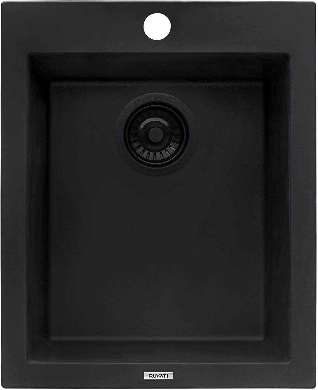 Ruvati 16 x 20 inch epiGranite Drop-in Topmount Granite Composite Quartz Single Bowl Wet Bar Prep Sink - Midnight Black - RVG1016BK