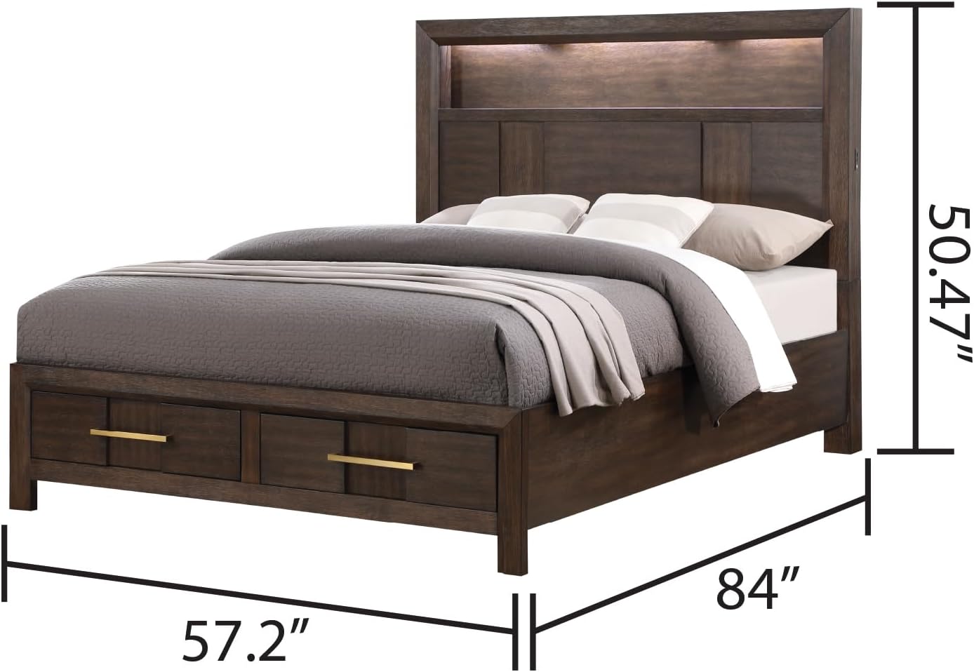 Full 4PC Storage Bedroom Set Made with Wood, LED Headboard, Speakers USB Ports Walnut