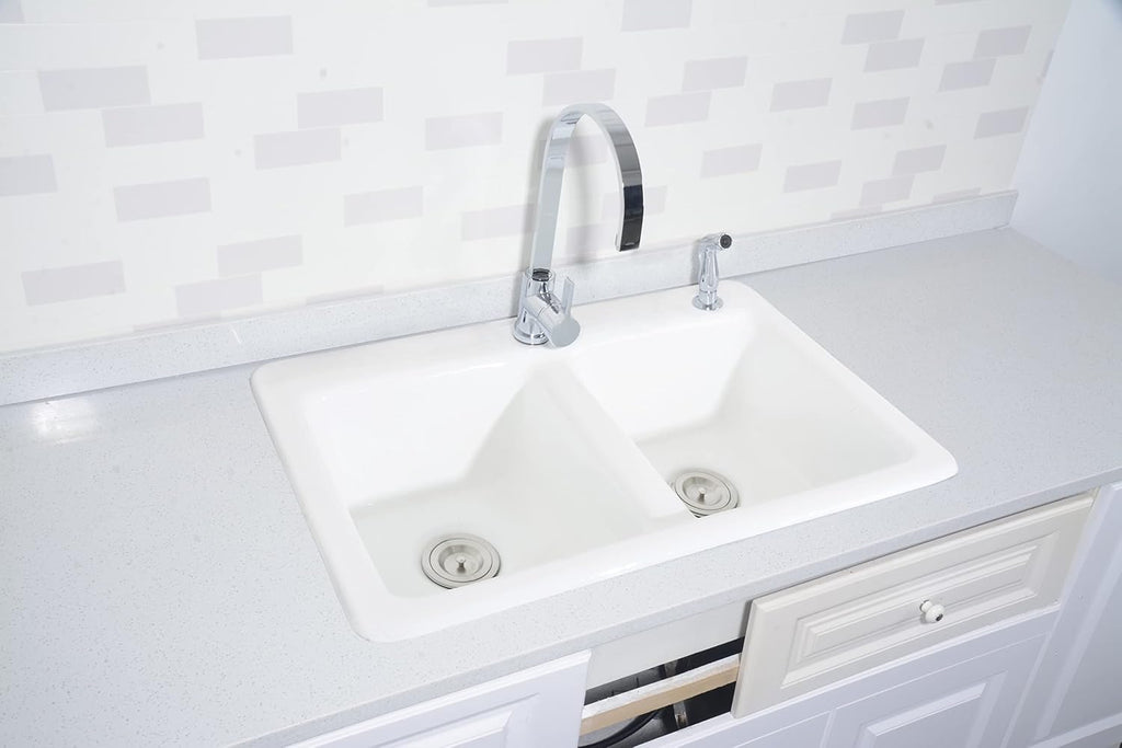 Gourmetier GT33229D2 Petra Galley 33-Inch Cast Iron Double Bowl Drop-In Kitchen Sink, 2-Hole, White