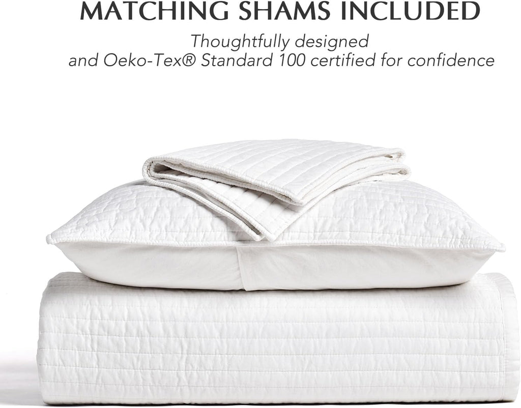 EVERGRACEHOME Cotton Sateen Quilt Set King Size, Pre-Washed Cotton Channel Stitch Coverlet Bedspread, 3 Pieces Lightweight Soft Bedding Sets for All Season, with 2 Pillow Shams, Bright White
