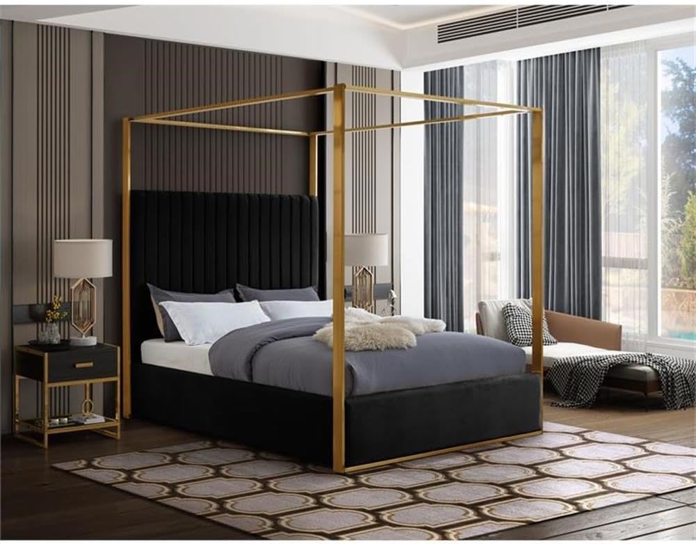 Meridian Furniture JonesBlack-K Jones Collection Modern | Contemporary Upholstered King Bed, Black Velvet, Channel Tufting, Brushed Brass Frame, 82.5' W x 86.5' D x 79' H, Black, King