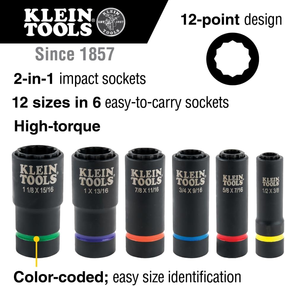 Klein Tools 66010 2-in-1 SAE Impact Socket Set, 6-Piece Tool Set with 12-Point Deep Sockets with 1/2-Inch Drive, Includes Tool Case
