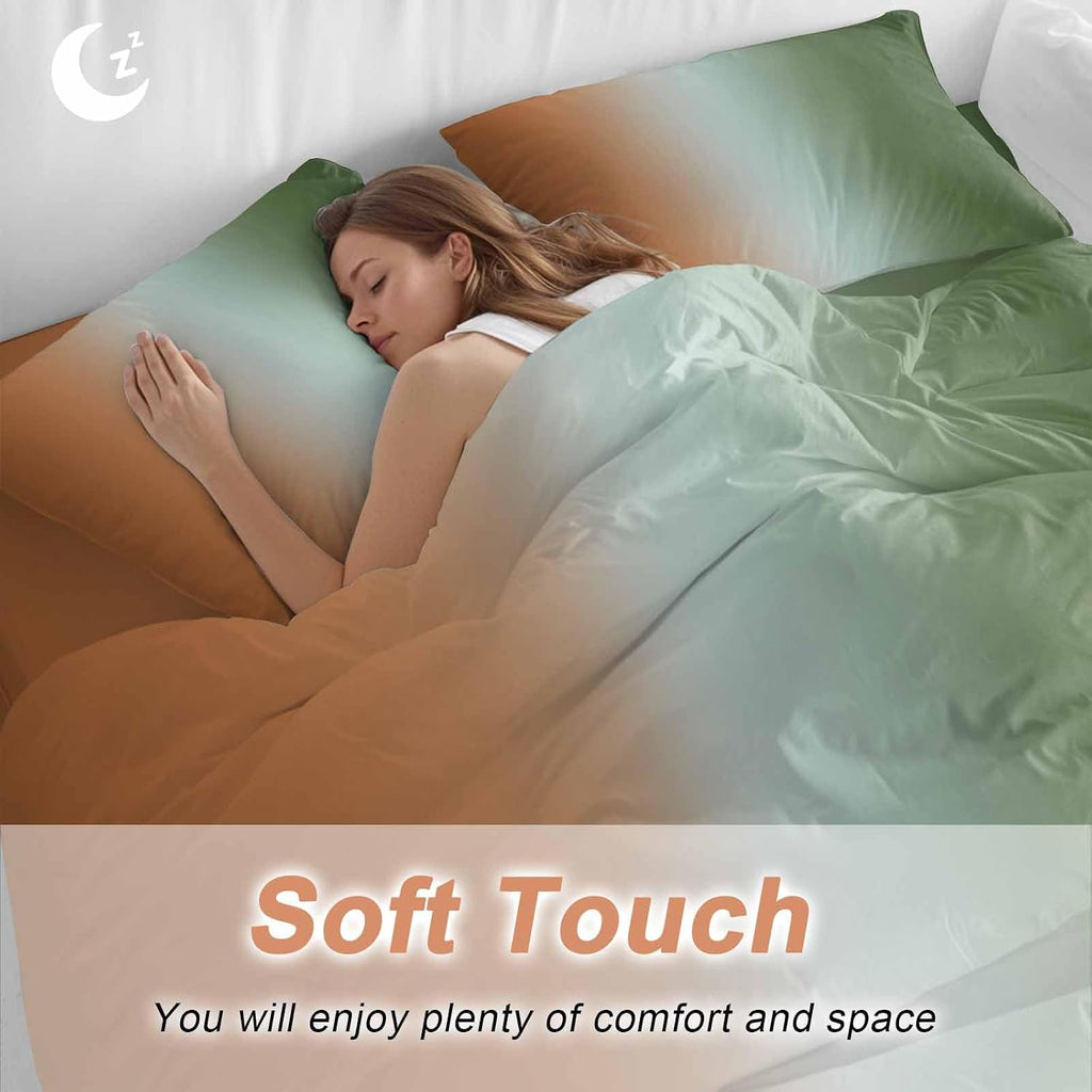Gradient Sage Green Duvet Cover Set Queen Size 4 Pieces Modern Minimalist Orange Green Ocean Beach Bedding Set with Zipper Closure, 1 Comforter Cover 86x86 Inches 1 Flat Sheet & 2 Pillow Cases