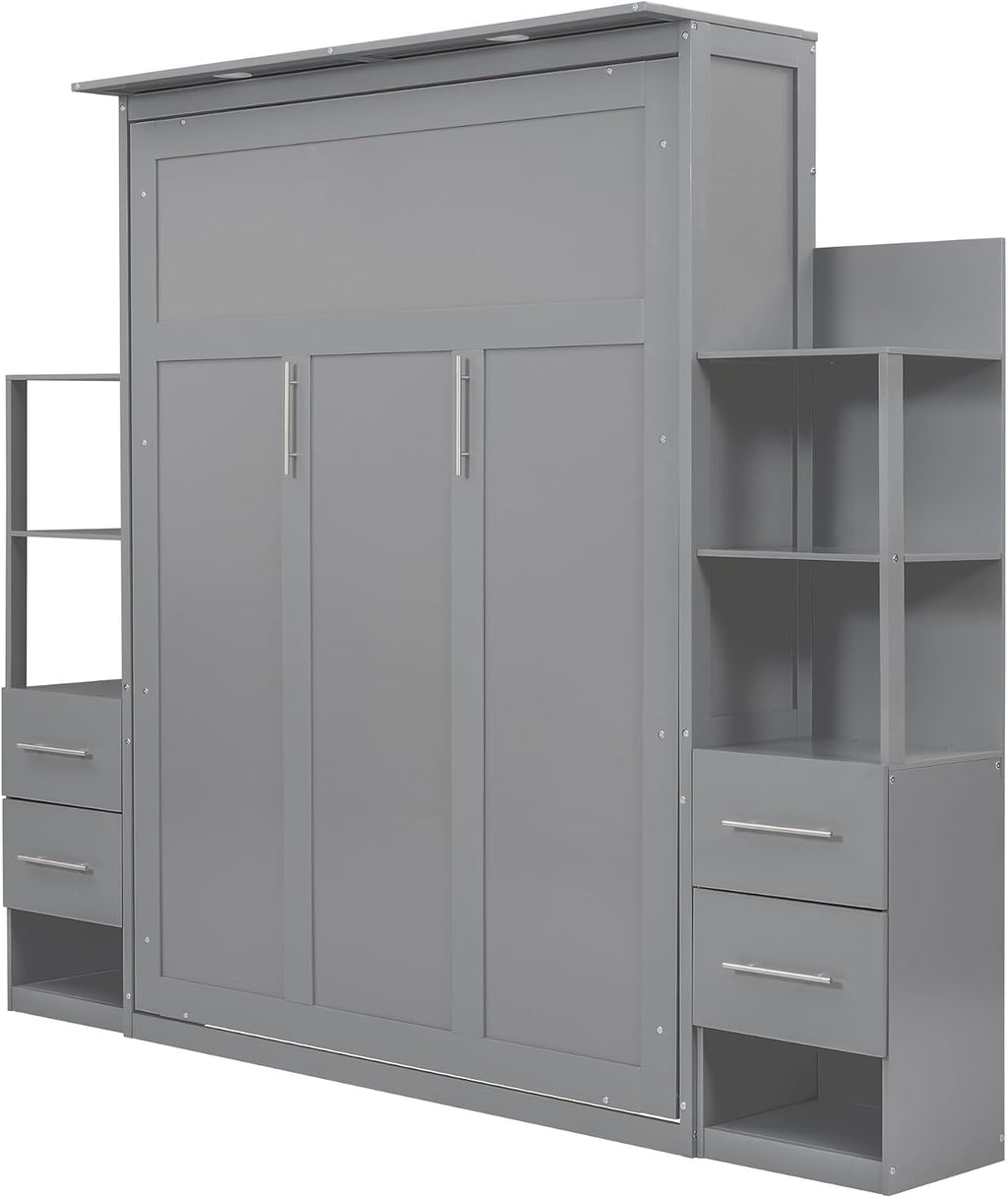 MERITLINE Full Murphy Bed with Storage Drawers,LED Lights and Storage Bookcase Shelves,Wood Murphy Wall Bed Cabinet with LED for Adults