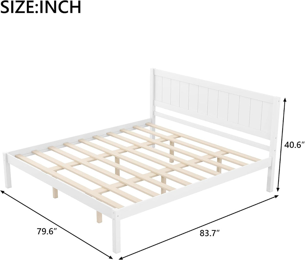 Platform Bed Frame with Headboard, Wood Slat Support, No Box Spring Needed,King,White