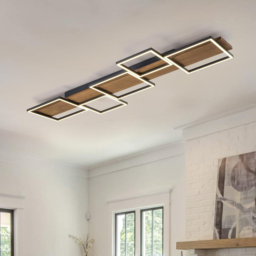 Lingkai 47.2' LED Modern Ceiling Lights Wooden Square Rectangular Lamp Fixture Wood,Large Modern Kitchen Ceiling Lighting Fixtures 3000K for Island Bedroom Living Room Hallways