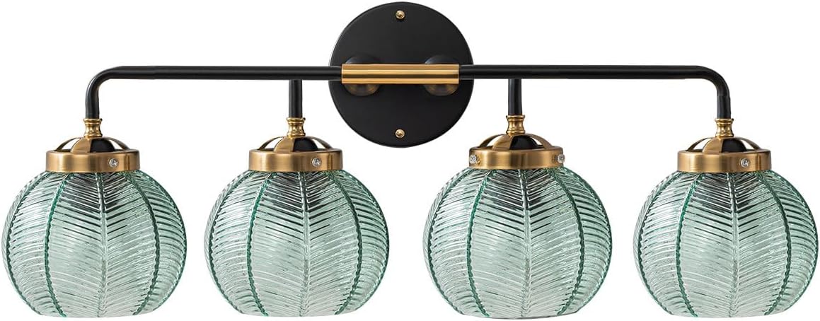 4-Lights Bathroom Light fixtures Glass Vanity Light Green Bathroom Sconce Mid Century Modern Wall Lamp,Black Gold Art Deco Vanity Light for Over Mirror Bedroom Hallway Dining Room