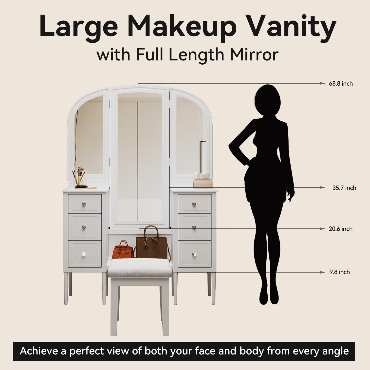 JIJIWANG 68.75H Antique Makeup Vanity Desk with Triple Mirror,6-Drawer Dressing Table Set Including Stool,Full Length Mirror for Bedroom Dressing Room,White