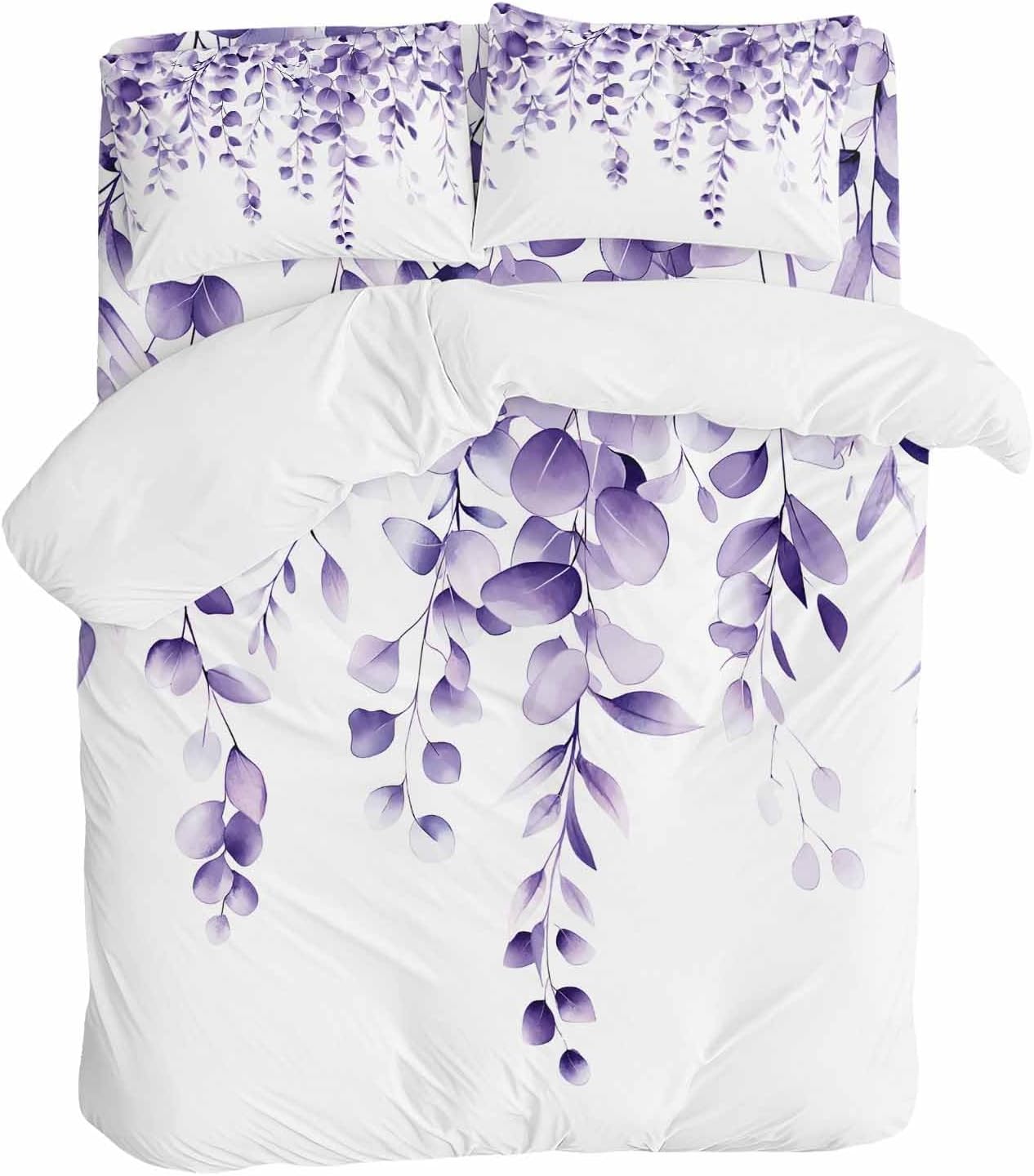 Purple Leaves Duvet Cover Set Queen Size 4 Pieces Eucalyptus Leaf Watercolor Plant Botanical Bedding Set with Zipper Closure, 1 Comforter Cover 92x106 Inches 1 Flat Sheet & 2 Pillow Cases