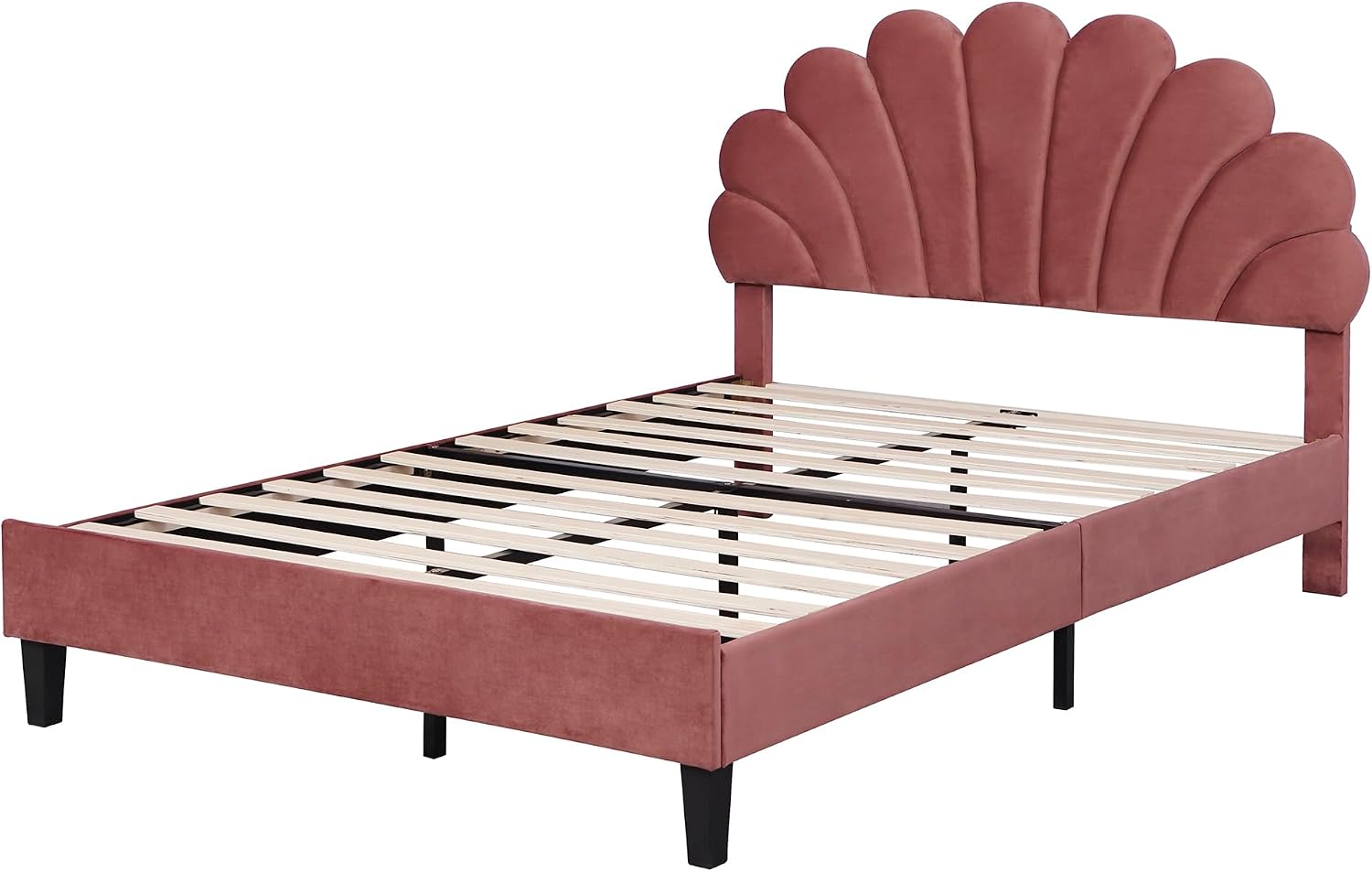 Full Size Velvet Upholstered Platform Bed with Flower Pattern Headboard,Bedroom Wood Bed Frame W/Wooden Slats Support,No Box Spring Needed,for Guest Room,Apartment,Bean Paste Red